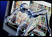 Computer art of humanoid breaking out of computer