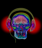 Coloured X-ray of a head wearing audio headphones