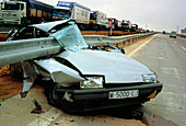 Wreck of a car after motorway accident,Spain