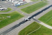 Aeroplane landing,aerial photograph