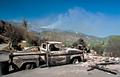 Burned cars and buildings