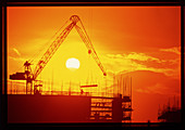View of a construction site at sunset