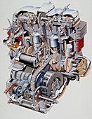 Cutaway illustration of Honda K2 motorbike engine