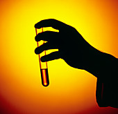 Silhouetted hand holding a test tube