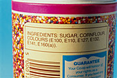 Ingredients label on packet of cake decorations