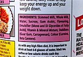 Ingredients label on slimming milk drink