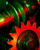 Close-up of a steam traction engine's gear