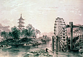Engraving of Chinese bamboo water wheel