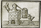 Engraving of a 17th century whisky distillery