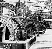 Engraving of generators in a 19th C. power station