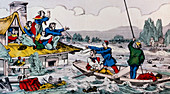 Artwork of people being rescued from floods