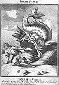 Engraving of Jonah being disgorged by a whale
