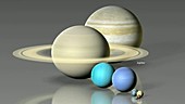 Sizes of the planets, Sun and stars