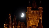 Moon over German castle, timelapse