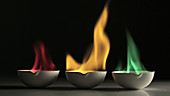 Coloured flames in ceramic dishes