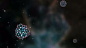 Buckyballs vibrating in space, animation