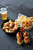 Beer-battered snacks: jalapeño poppers, onion rings and fish nuggets