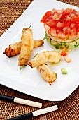 Battered prawns with a tomato and avocado tartlet