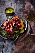 Stuffed sweet potatoes on a bed of rocket