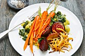 Oven-roasted vegan vegetables with mashed potatoes