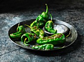 Grilled Pimientos de padron with sea salt on a metal plate