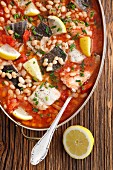Braised cod with tomatoes and pearl beans