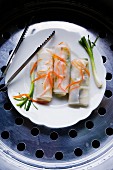 Guitiauw Hoo (stuffed rice noodle rolls with tofu, minced pork and vegetables, Thailand)