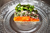 Salmon with a herb and radish crust and a salad garnish
