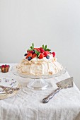 Pavlova with summer berries on a cake stand
