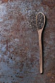 Chia seeds on a wooden spoon on a rusty metal surface (seen from above)