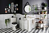Bathroom design in black and white with shelf, retro wash basin on checkerboard pattern floor in front of half-high white tiled wall