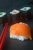 Nigiri sushi with salmon (close-up)