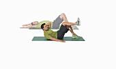 Crunches – Step 1: legs hip width apart – Step 2: bring arm to leg