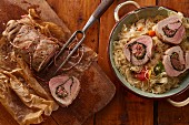 Stuffed pork fillet on a white cabbage medley