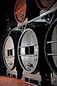 Belgian beer (Mort Subite, Lambic) in barrels in a brewery