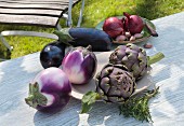 Gemüsestillleben mit Auberginen, Artischocken, Zwiebeln und Knoblauch auf Gartentisch