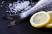 A seabream tail with salt and lemon slices (ingredients for seabream in a salt crust)