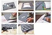 Instructions for making a blue-and-white, no-sew gingham cushion cover