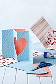 Hand-made pop-up greetings cards with love-heart motif and in various patterns