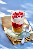 Rhubarb and raspberry compote with pomegranate seeds in a glass