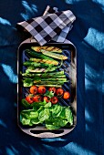 Grilled vegetables on a blue table