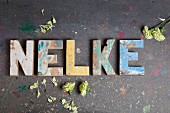 The word 'Nelke' (carnation) made from vintage alphabetic printing blocks