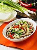 Soba noodles with bok choy, peppers and mushrooms