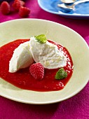 Lemon and quark mousse with raspberry sauce