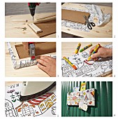 Instructions for making pin board from hardboard covered in black and white fabric coloured with fabric markers