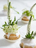 weiße Cupcakes mit Blumendeko