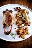 Quail with mushrooms and pears
