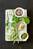 Green superfood (vegetables, matcha tea and wild rice)