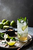 A mojito made with limes, brown sugar and mint on a tray
