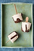 Homemade vanilla ice cream sticks with chocolate glaze on a tray